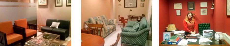 Tres salas conectadas: zona de espera con sillas naranjas, sofá negro y un mostrador de recepción con una mujer.