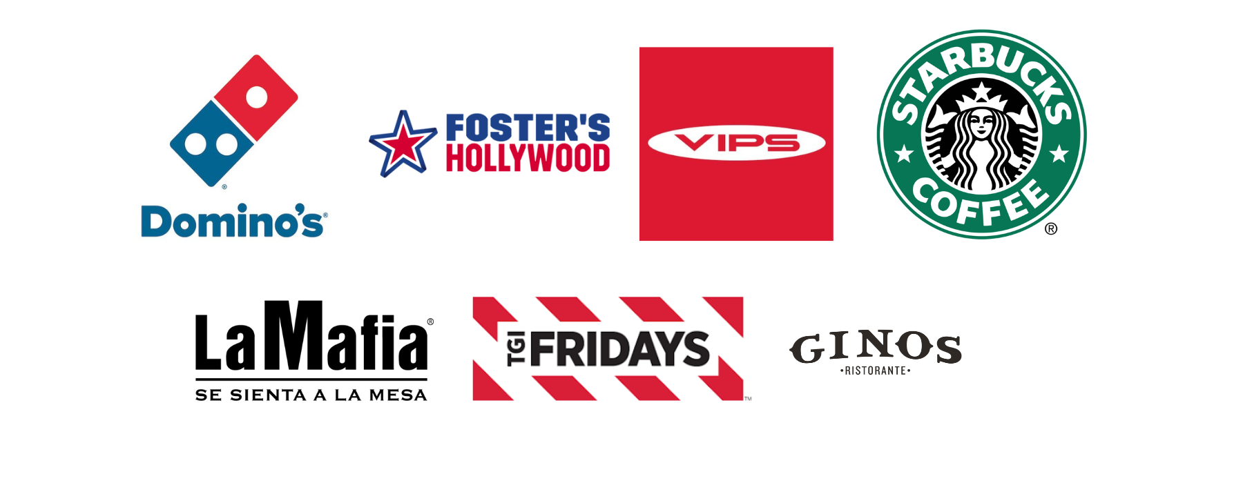 Logotipos para Domino's Foster's Hollywood La Mafia Fridays y Starbucks Coffee