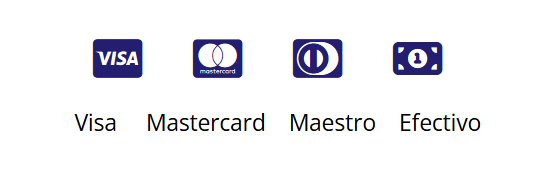 Un logotipo de Visa, Mastercard y Maestro Efectivo sobre un fondo blanco.