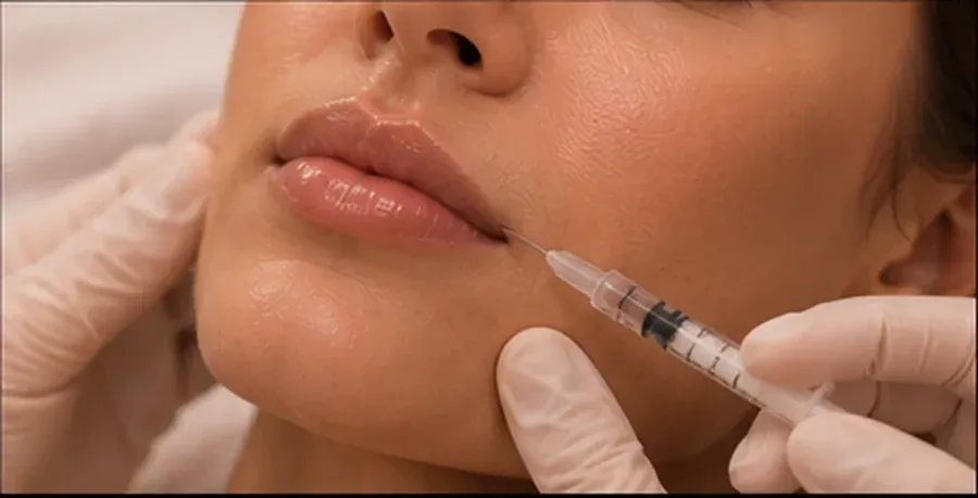 Gloved hands inject filler into a woman’s lips with a syringe in a clinic close-up