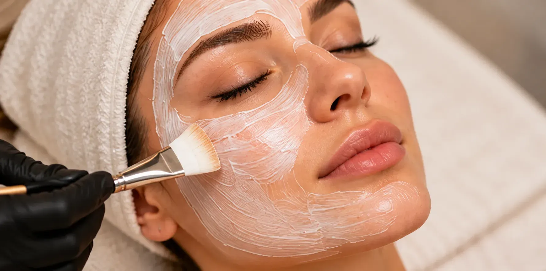 Facial spa treatment with a brush applying white cream to a woman’s face