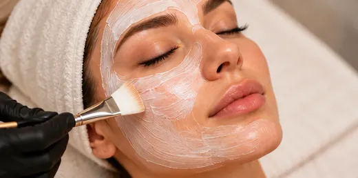 Mujer recibiendo un tratamiento facial con un dispositivo portátil para el cuidado de la piel