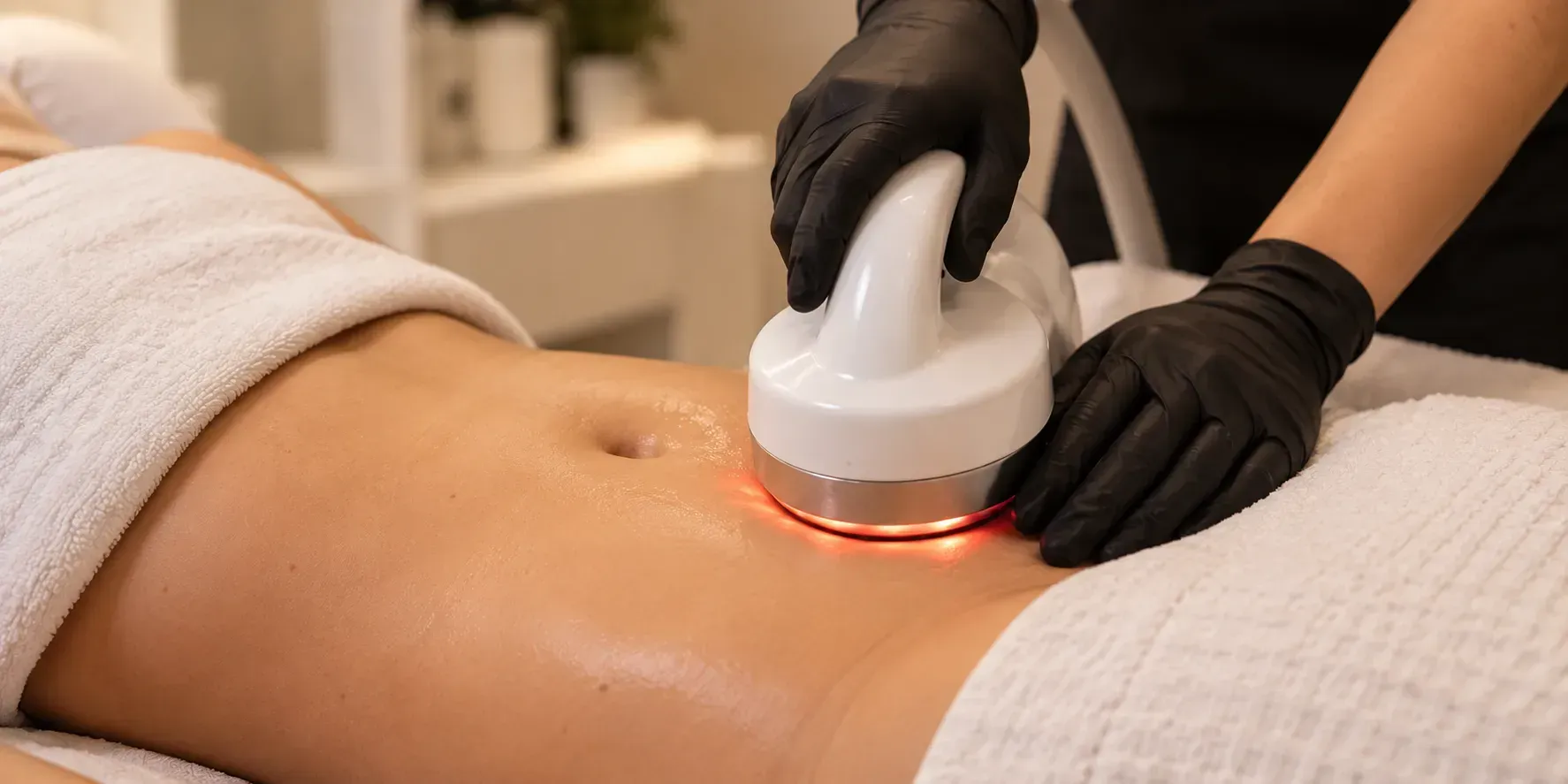 Gloved hands using a red-light device on a person's bare abdomen during a spa treatment