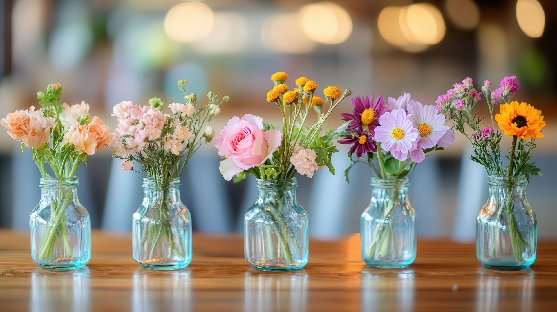 Des petits bouquets dans des vases transparents 
