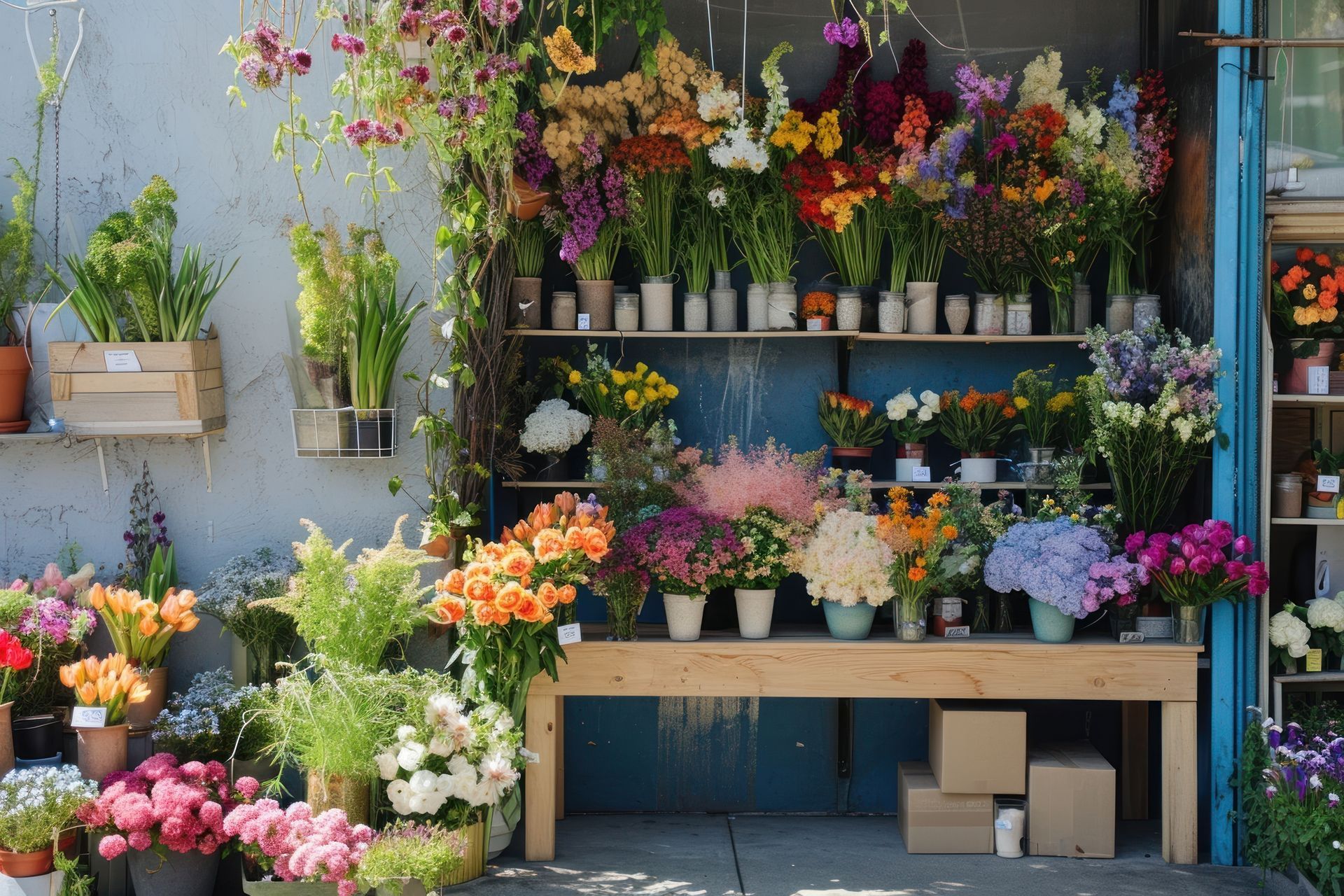 Différentes fleurs posées à l'extérieur