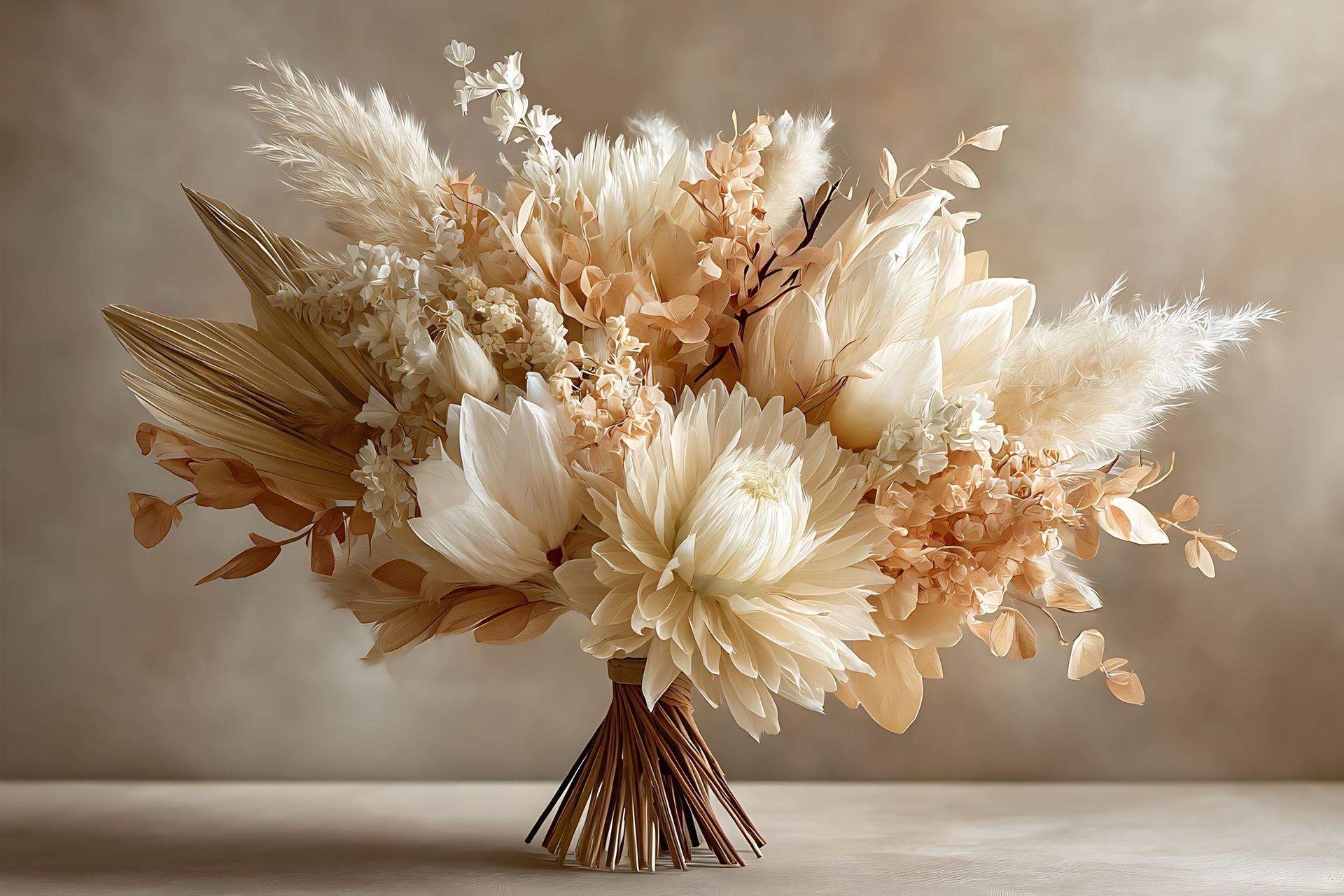 Un bouquet de fleurs séchées blanches et beiges