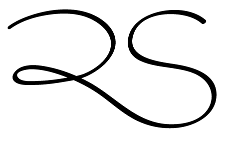 Letras cursivas negras “RS” sobre fondo blanco