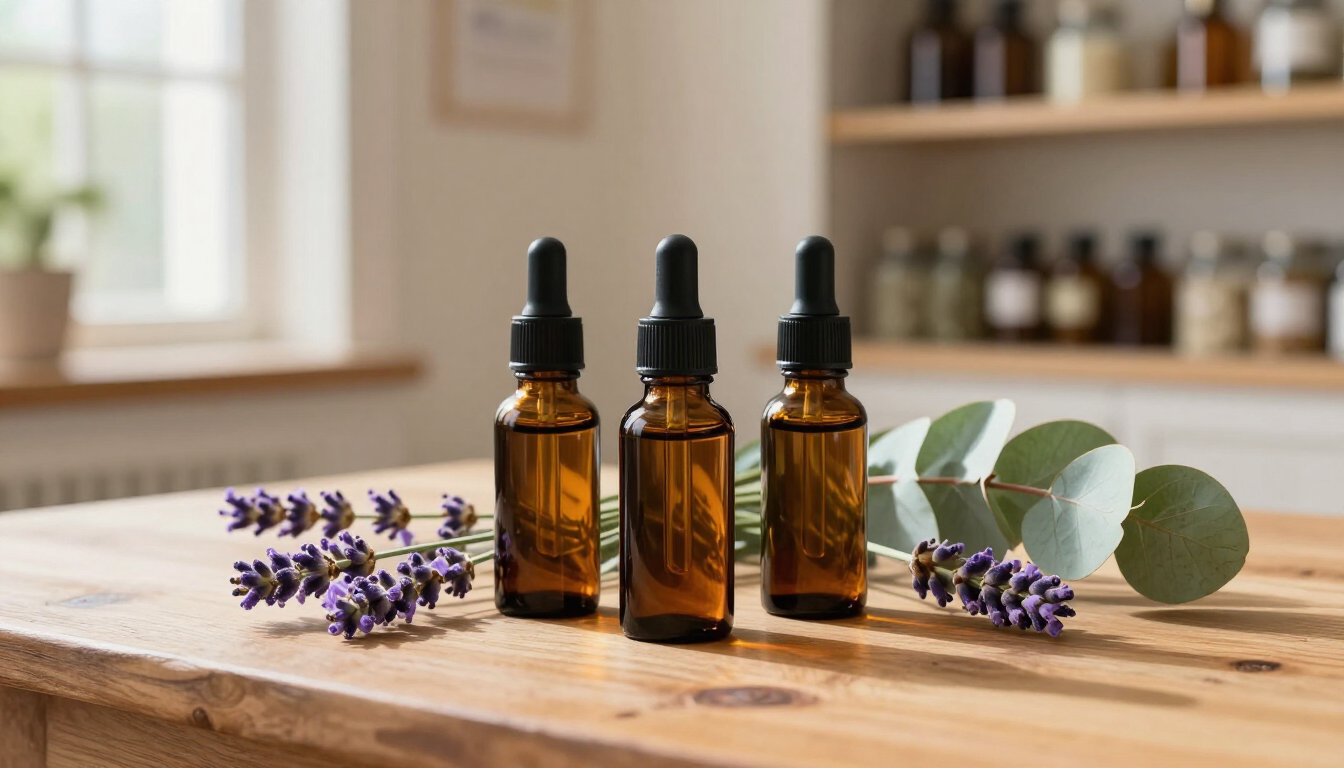 Frascos de aceites esenciales naturales con plantas aromáticas