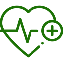 Un corazón verde con un latido y un signo más.