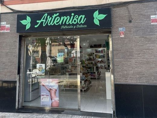Un escaparate con un cartel que dice artemisa