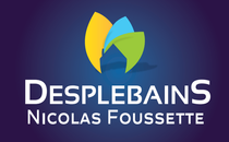 logo footer Desplebains Nicolas Foussette : feuilles abstraites en jaune, bleu et vert sur une forme de maison.