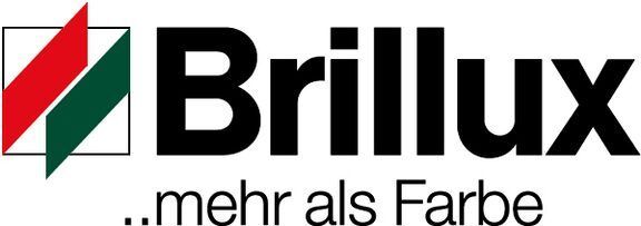Brillux-Logo mit rot-grünem geometrischem Zeichen und Slogan „…mehr als Farbe“