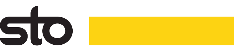 Sto-Logo mit schwarzem Text und gelbem horizontalem Balken