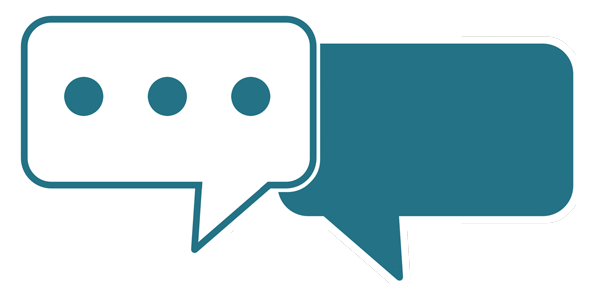 Zwei sich überlappende Sprechblasen, eine weiß mit Punkten, die andere türkis.