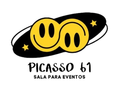 Logotipo para el espacio para eventos Picasso 61: caras sonrientes amarillas interconectadas sobre un fondo negro
