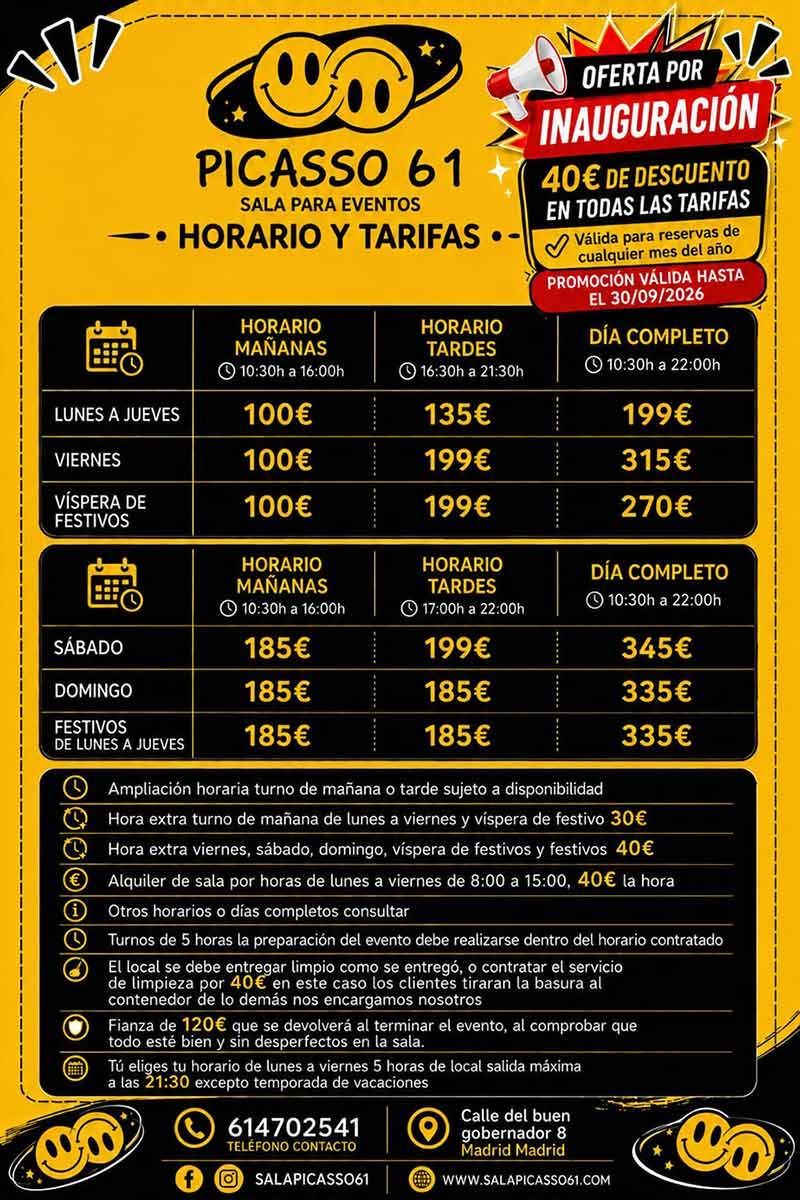 Cartel en negro y dorado de Picasso 61 con planos, capacidad y precios para un evento de inauguración.