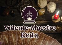 Logotipo: Bola de cristal con rayos de sol sobre cartas del tarot. Texto: "Vidente-Maestro Keita" sobre una mesa de madera.