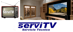 Logotipo de ServiTV con un icono de televisor antiguo y un sistema de cine en casa. Texto: "Servicio T&eacute;cnico" debajo.