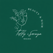 Arte lineal blanco de un rostro con detalles florales, "Belleza y cabello", "Teffy y Soraya", "Moldes" sobre un fondo verde.
