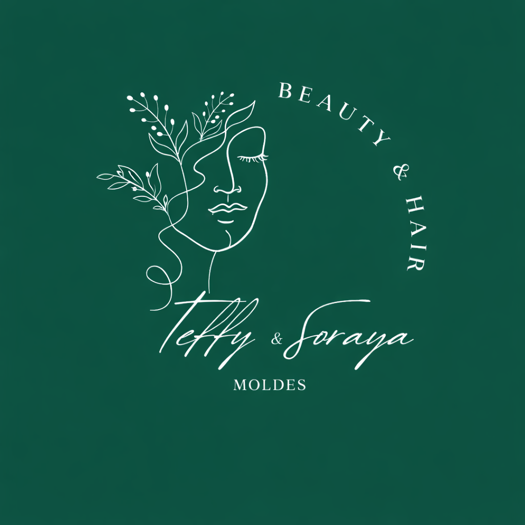 Arte lineal blanco de un rostro con detalles florales, "Belleza y cabello", "Teffy y Soraya", "Moldes" sobre un fondo verde.