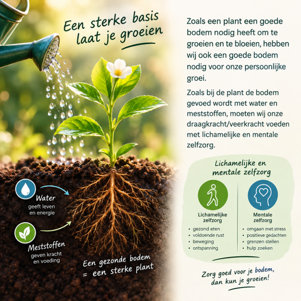 Infographic van een plant met wortels in de grond, die water, voedingsstoffen en een stevige basis voor groei laat zien.