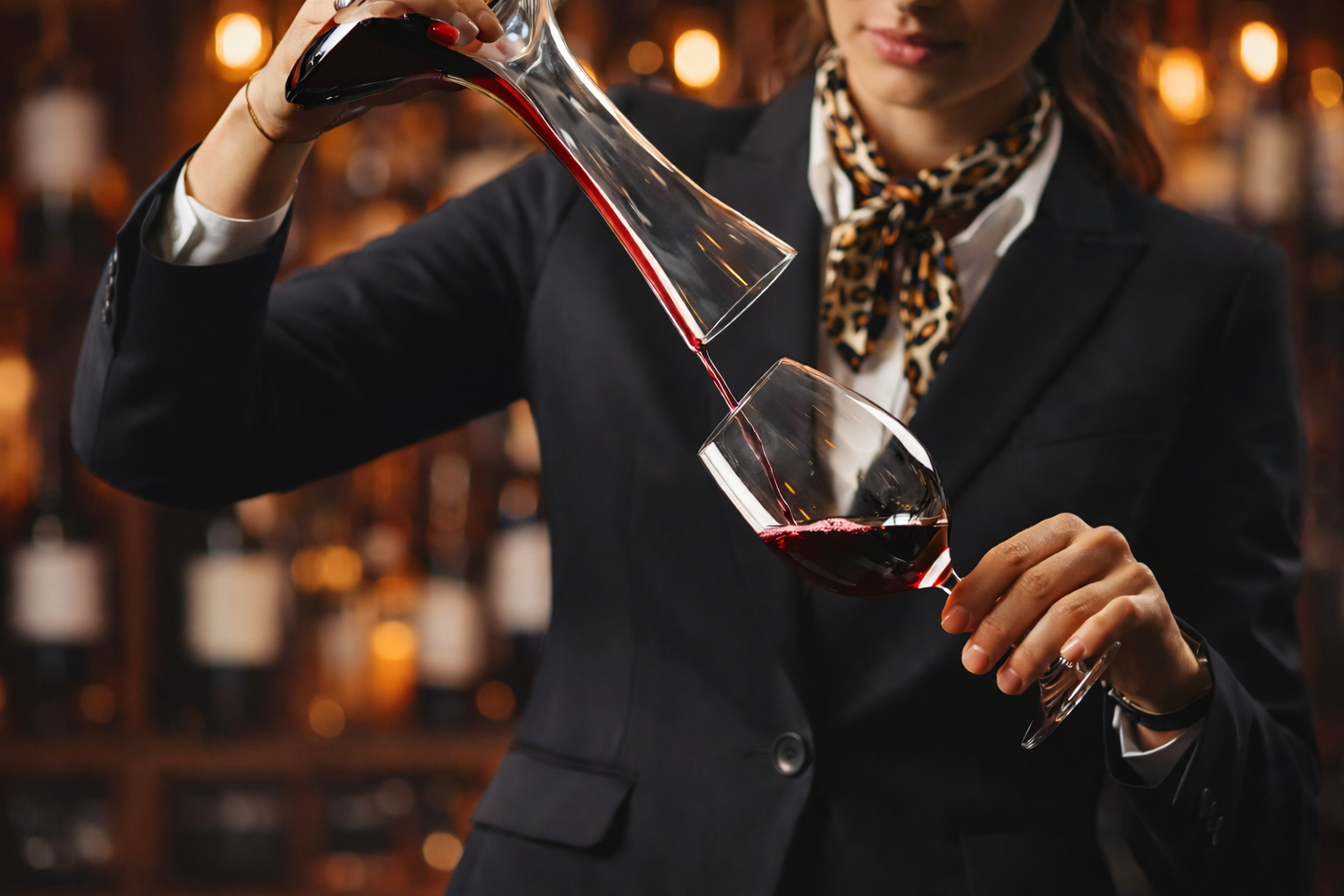 Persona con delantal vertiendo vino tinto de un decantador en una copa, con un botellero al fondo.