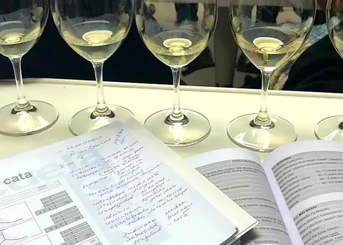 Copas de vino con vino blanco sobre una mesa, cuaderno con notas de cata abierto.