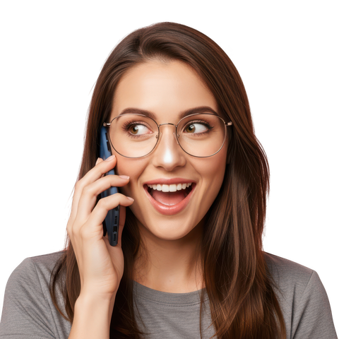 Femme à lunettes, expression excitée, parlant au téléphone bleu, regardant sur le côté.