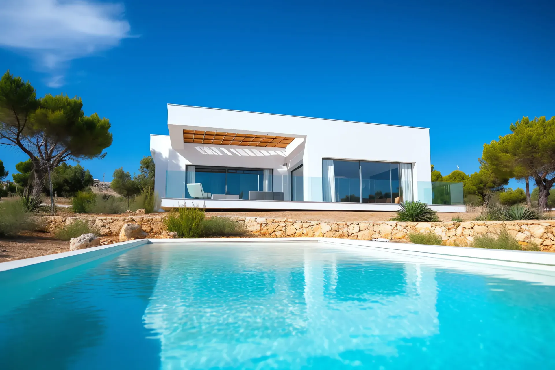 Una casa blanca con una piscina delante de ella.