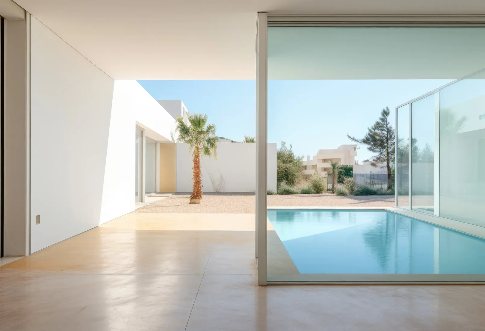 Una habitación vacía con una piscina al fondo.