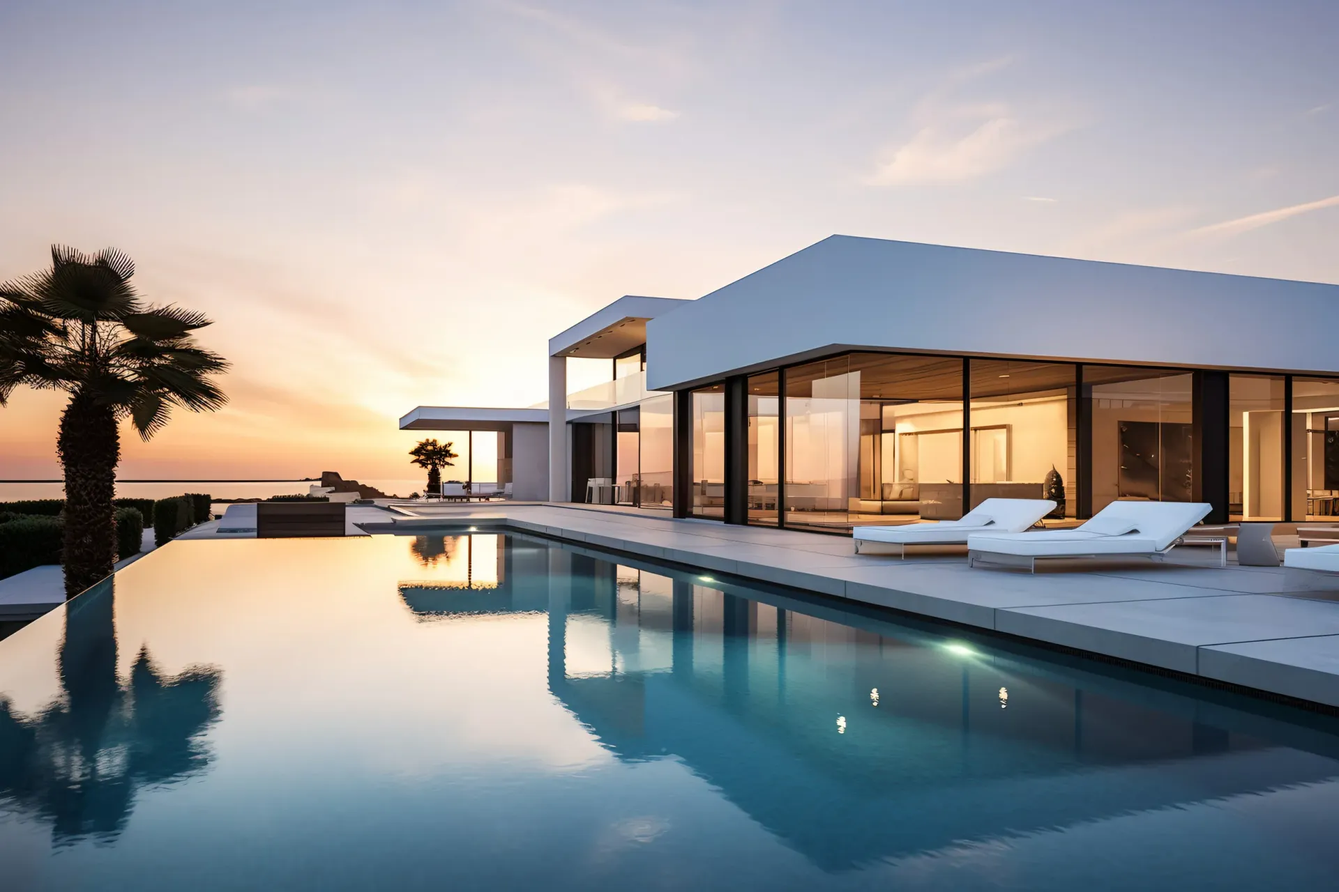 Una casa moderna con una gran piscina delante de ella.