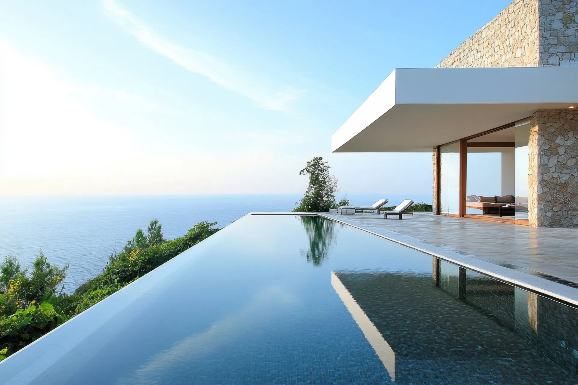Una casa con piscina infinita con vista al océano.