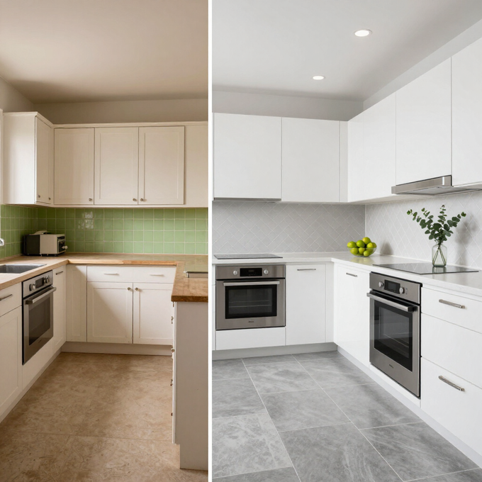 Vista dividida de una cocina antes y después de la reforma, que muestra los anticuados armarios beige y una moderna cocina blanca con suelo gris.