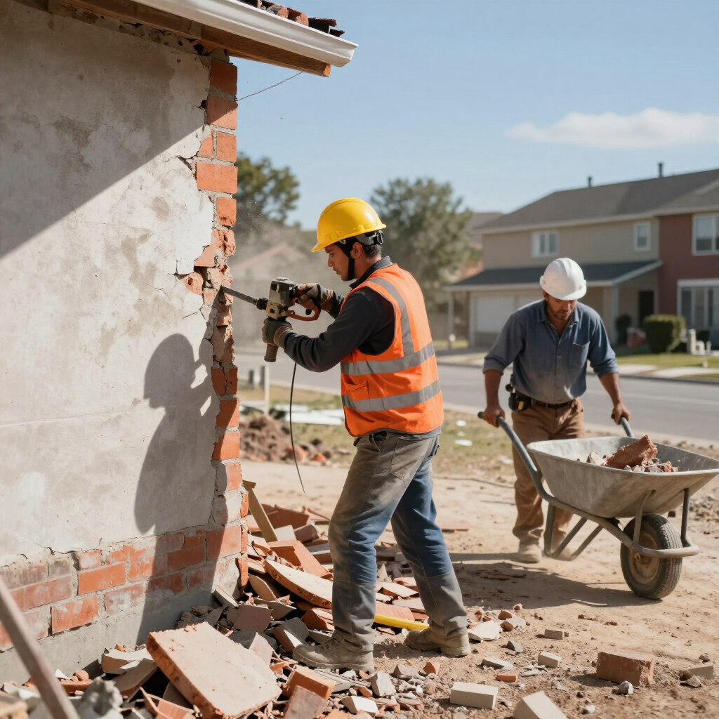 Obreros de la construcción demoliendo un muro de ladrillos en una casa con una carretilla llena de escombros cerca.