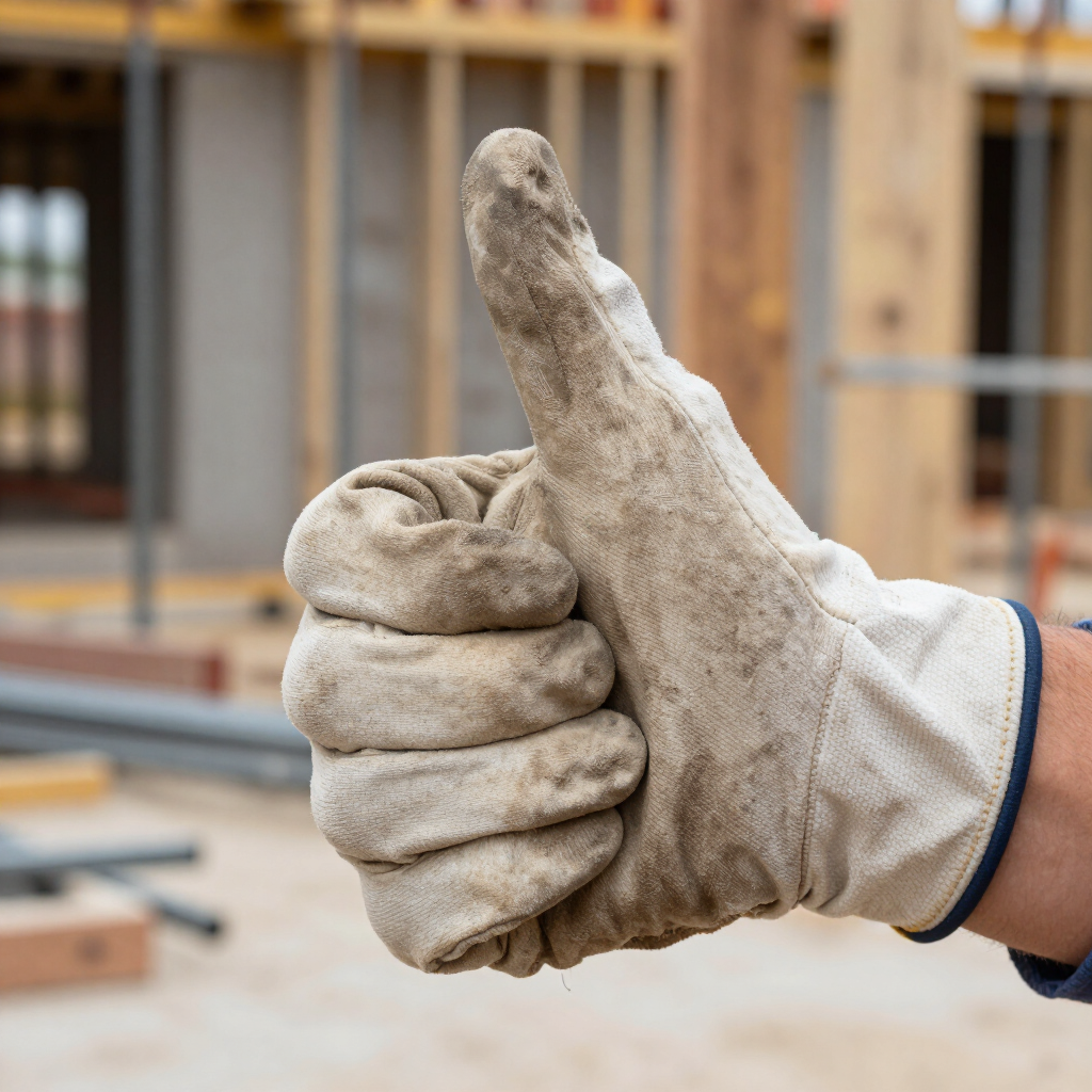 Mano enguantada levantando el pulgar en una obra en construcción con una estructura de madera al fondo.