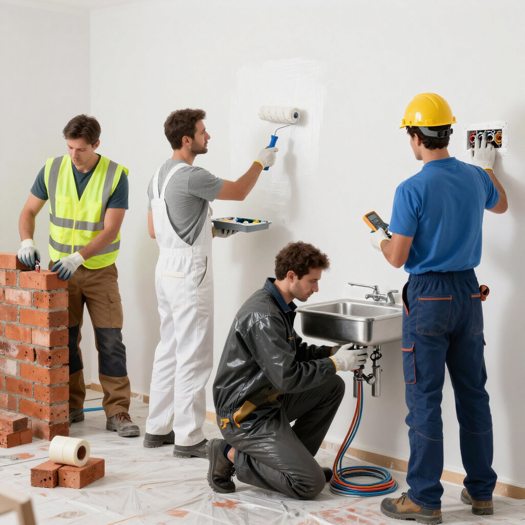 Obreros de la construcción pintando e instalando accesorios en una habitación luminosa.