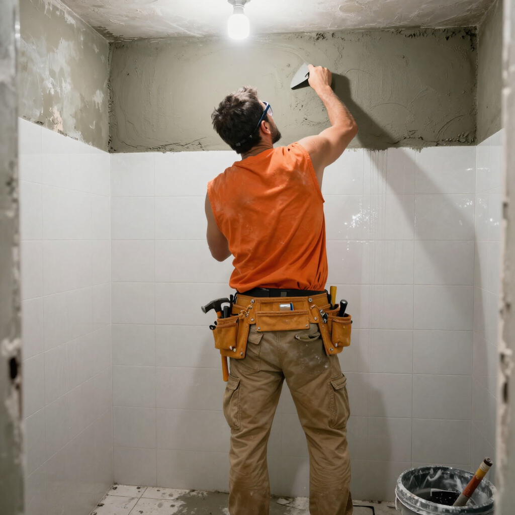 Trabajador con camisa naranja aplicando yeso gris en la pared de un baño sobre azulejos blancos.