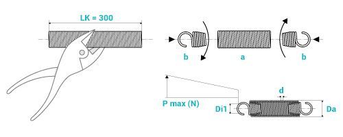 Schéma technique illustrant l'assemblage d'un ressort de tension avec ses dimensions et les repères de calcul de force.