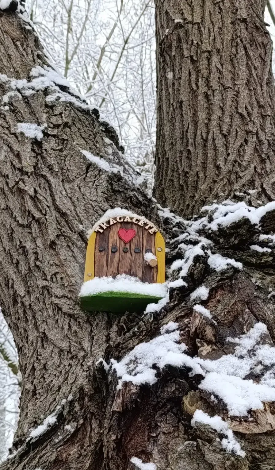 Una puerta de hadas está sentada en un árbol en la nieve.