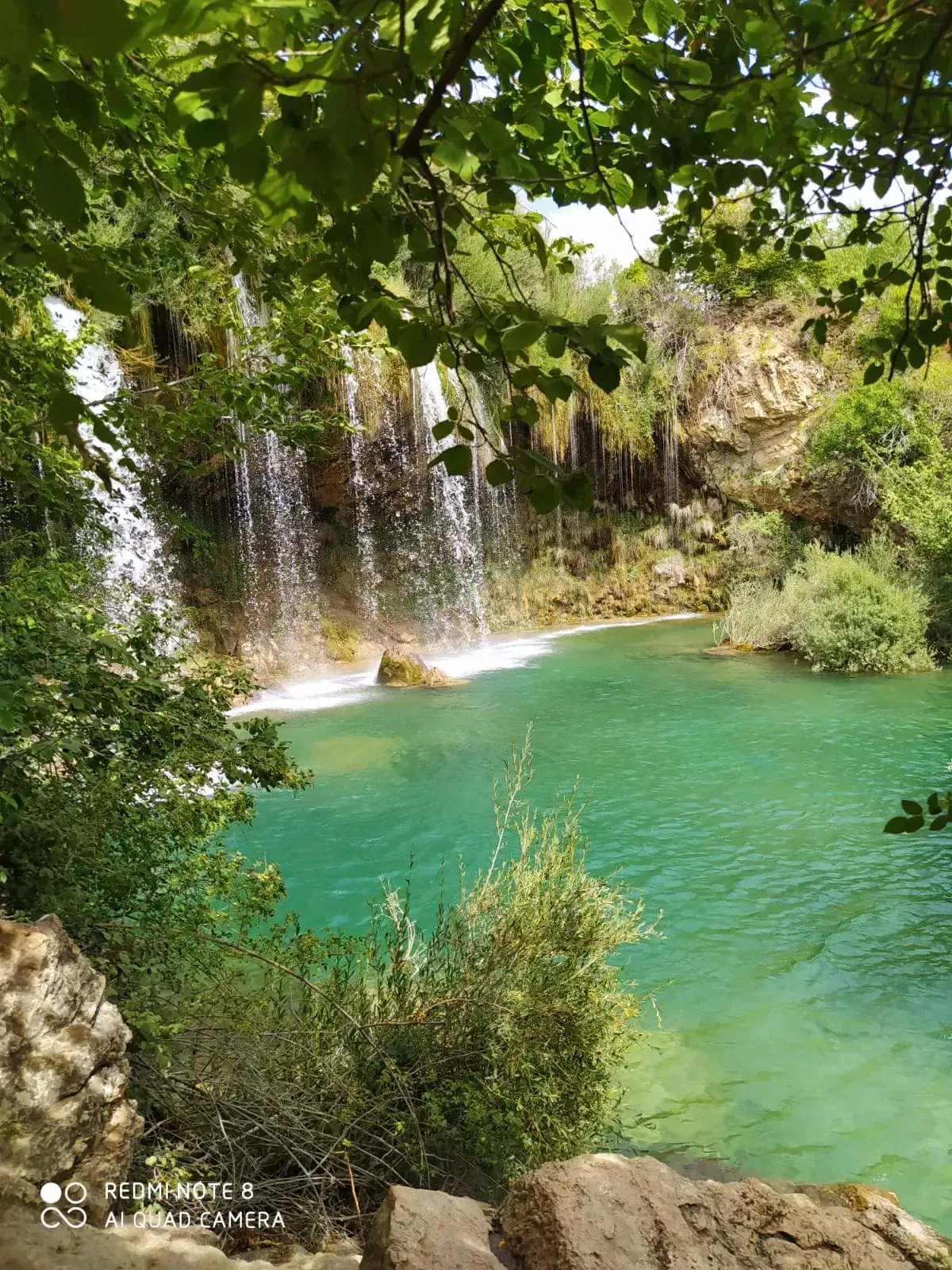 Hay una cascada en medio de un lago rodeado de árboles.