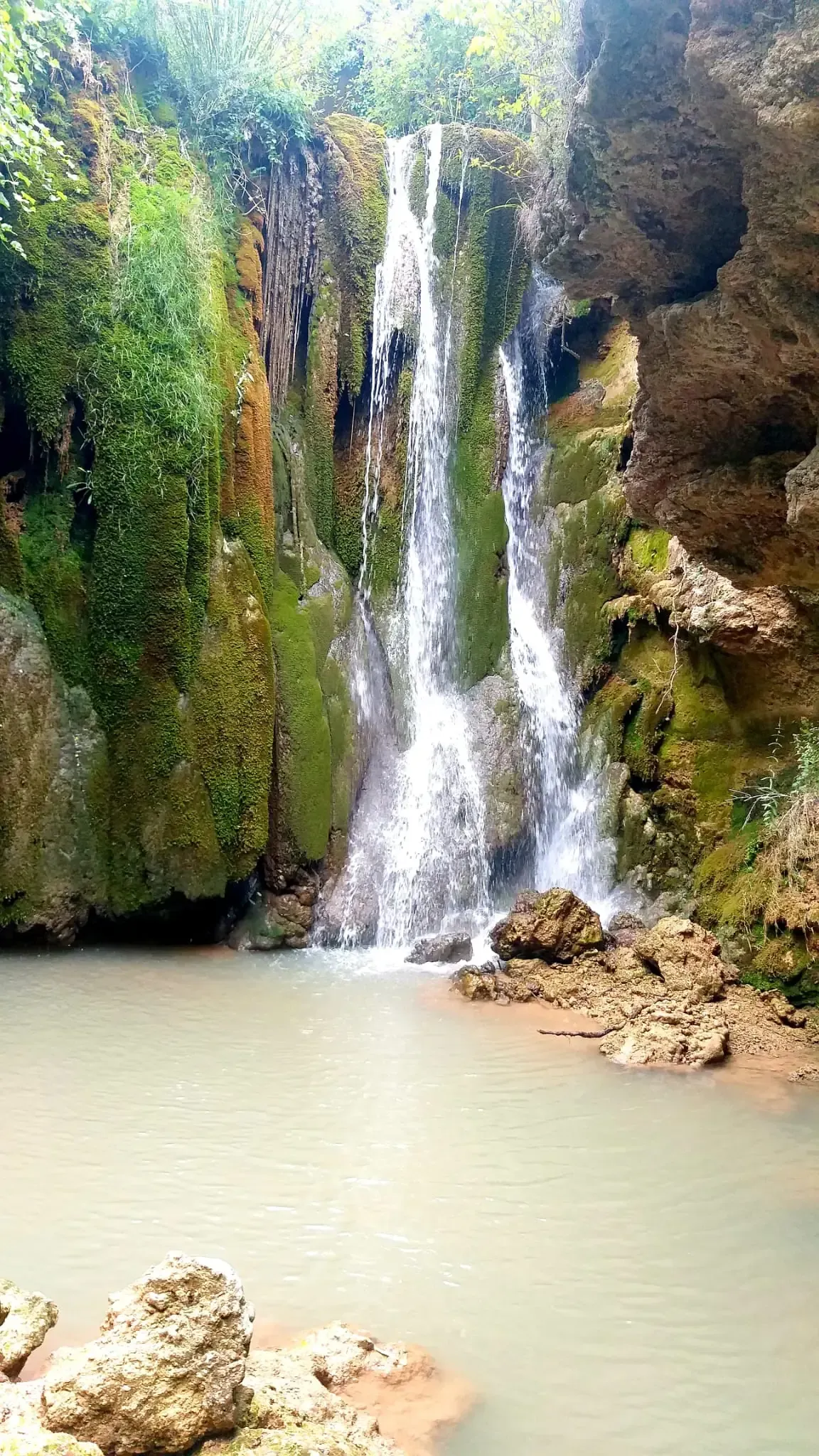 Una cascada está rodeada de rocas y árboles y está rodeada por un cuerpo de agua.