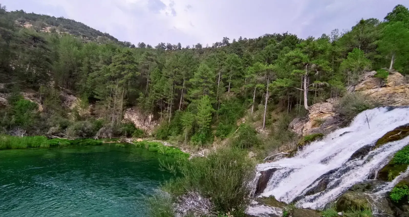 Una cascada en medio de un bosque al lado de un lago.