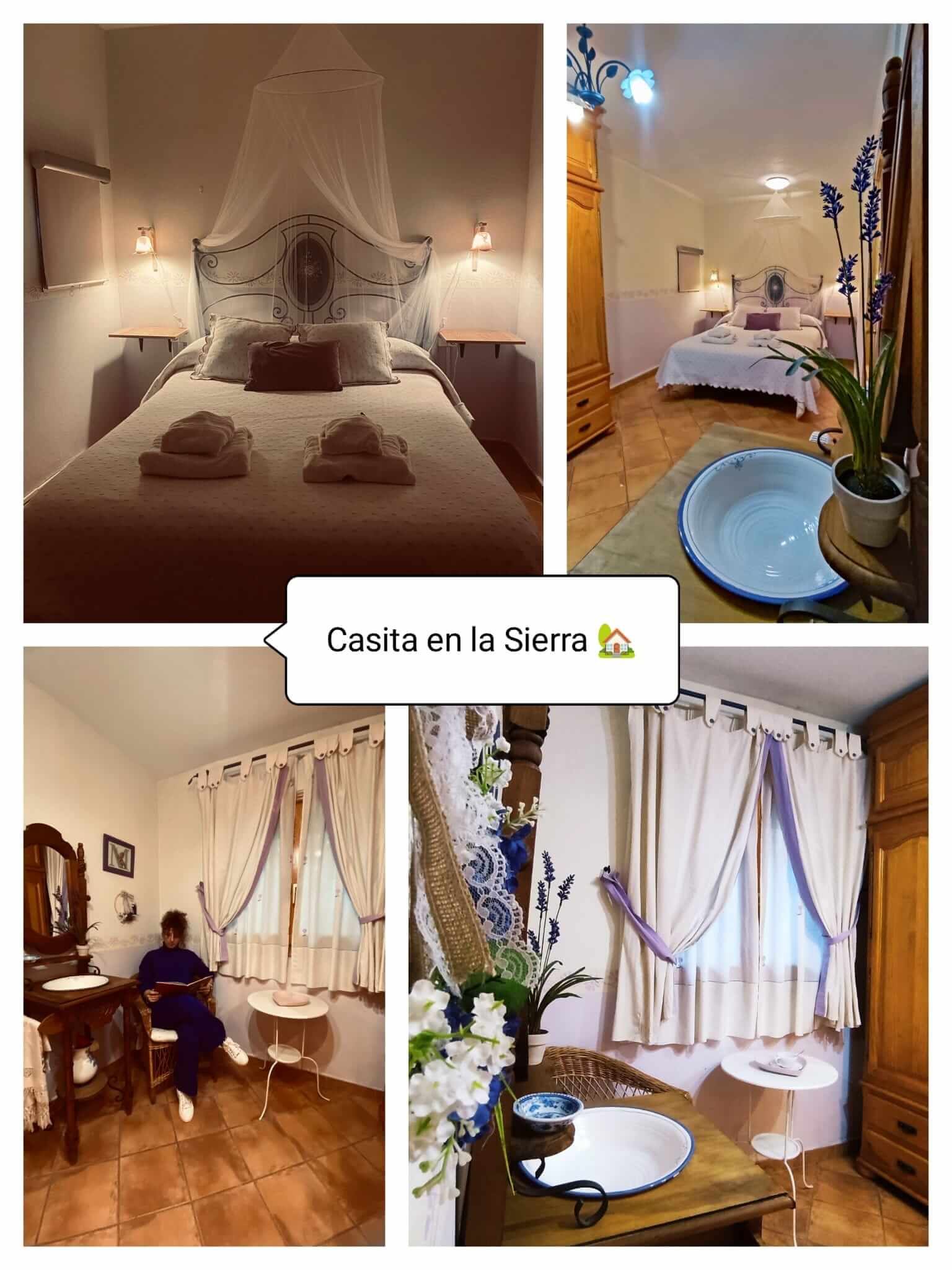 Un collage de cuatro fotografías de un dormitorio y un baño.