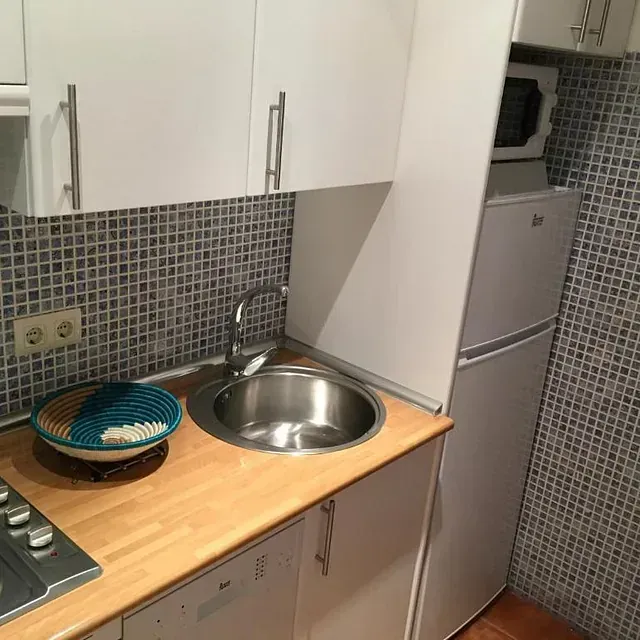 Una cocina con fregadero, estufa y refrigerador.