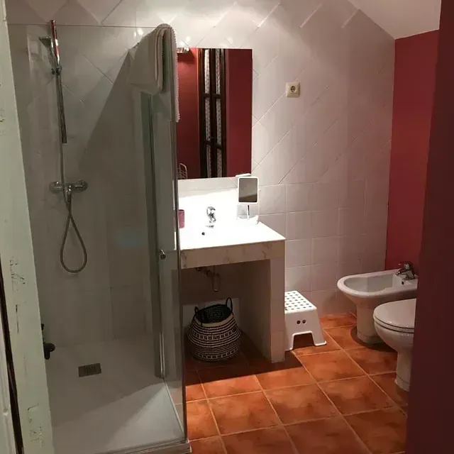 Un baño con lavabo, inodoro, ducha y espejo.