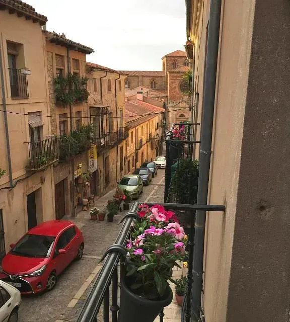 Una vista de una calle de la ciudad desde un balcón con flores y coches.