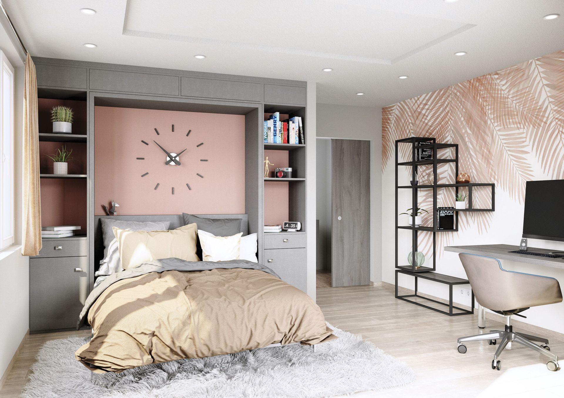 Porte d'entrée blanche et un meuble à gauche