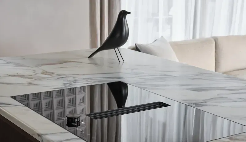 Plan de travail central avec plaque de cuisson et une décoration en forme d'oiseau