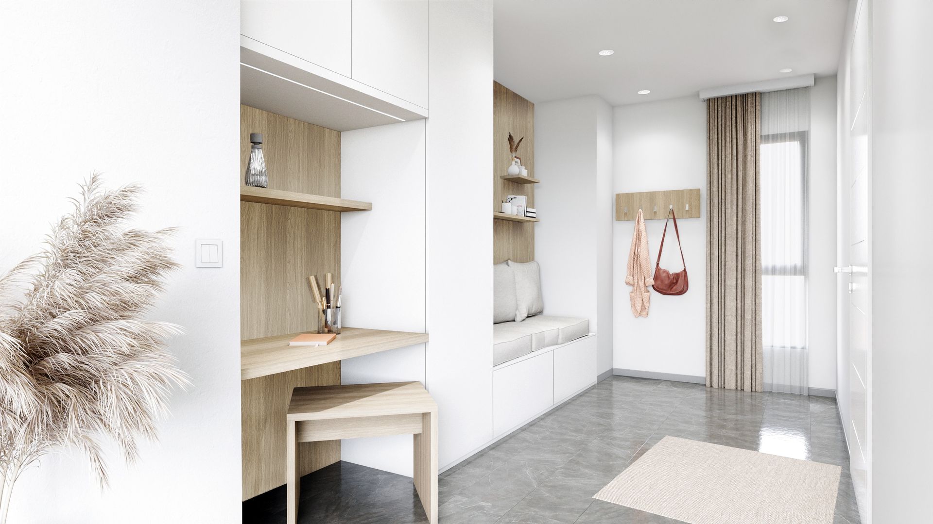 Entrée aménagée avec des murs blancs