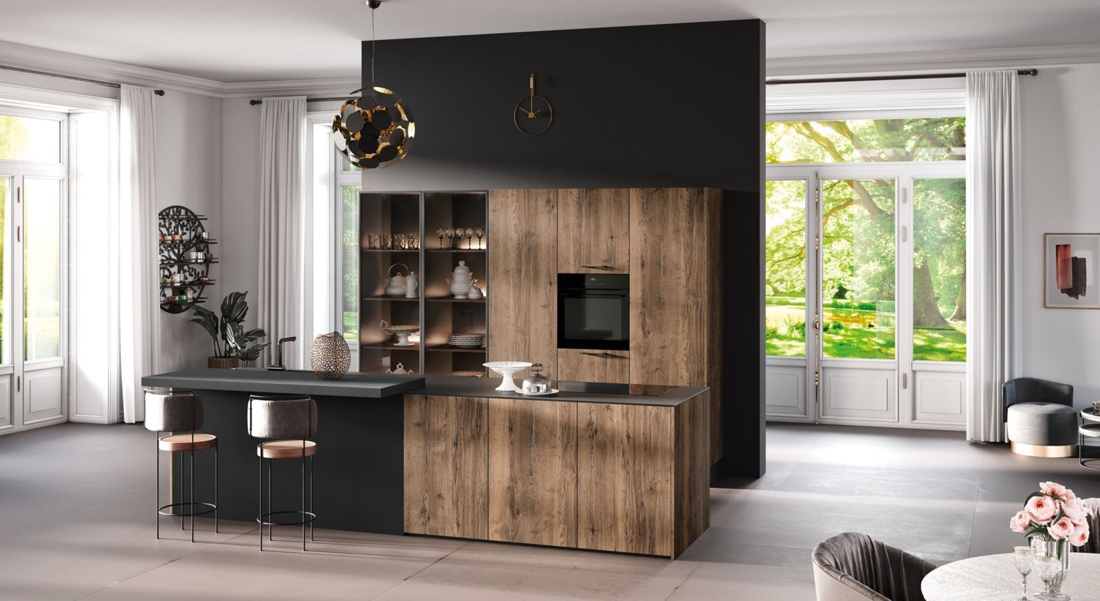 Cuisine moderne avec un jardin au fond